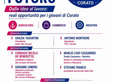 Locandina dell’evento “Giovani, impresa, futuro” a Corato, con la partecipazione di Stefano Franco come ospite relatore.