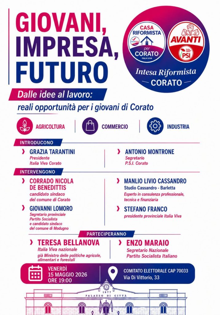 Locandina dell’evento “Giovani, impresa, futuro” a Corato, con la partecipazione di Stefano Franco come ospite relatore.