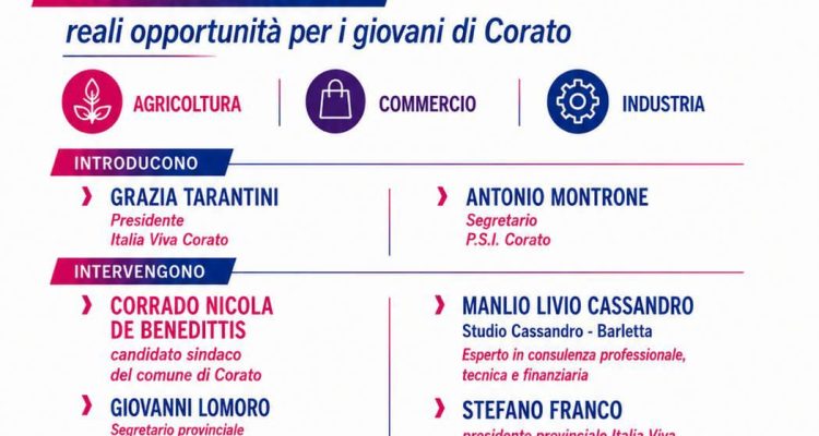 Locandina dell’evento “Giovani, impresa, futuro” a Corato, con la partecipazione di Stefano Franco come ospite relatore.