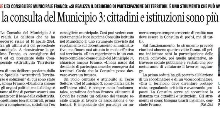 Articolo della Gazzetta sulla Consulta del Terzo Settore nel Municipio 3 di Bari