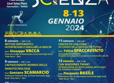 Locandina della Settimana della Scienza 2024 al Polo Liceale Sylos Fiore di Terlizzi, con il programma degli incontri su matematica, fisica, nanotecnologie e Intelligenza Artificiale.