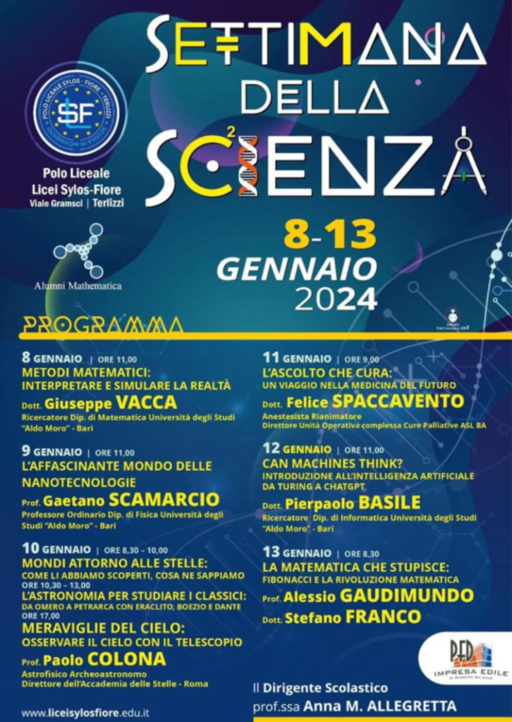 Locandina della Settimana della Scienza 2024 al Polo Liceale Sylos Fiore di Terlizzi, con il programma degli incontri su matematica, fisica, nanotecnologie e Intelligenza Artificiale.