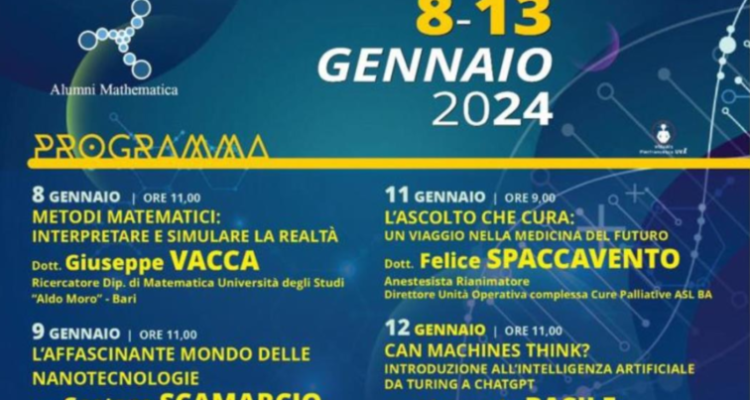 Locandina della Settimana della Scienza 2024 al Polo Liceale Sylos Fiore di Terlizzi, con il programma degli incontri su matematica, fisica, nanotecnologie e Intelligenza Artificiale.