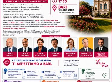 Locandina delle Primarie delle Idee a Bari del 17 luglio, con le tre proposte presentate da Stefano Franco