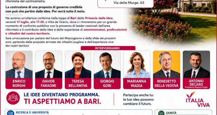 Locandina delle Primarie delle Idee a Bari del 17 luglio, con le tre proposte presentate da Stefano Franco